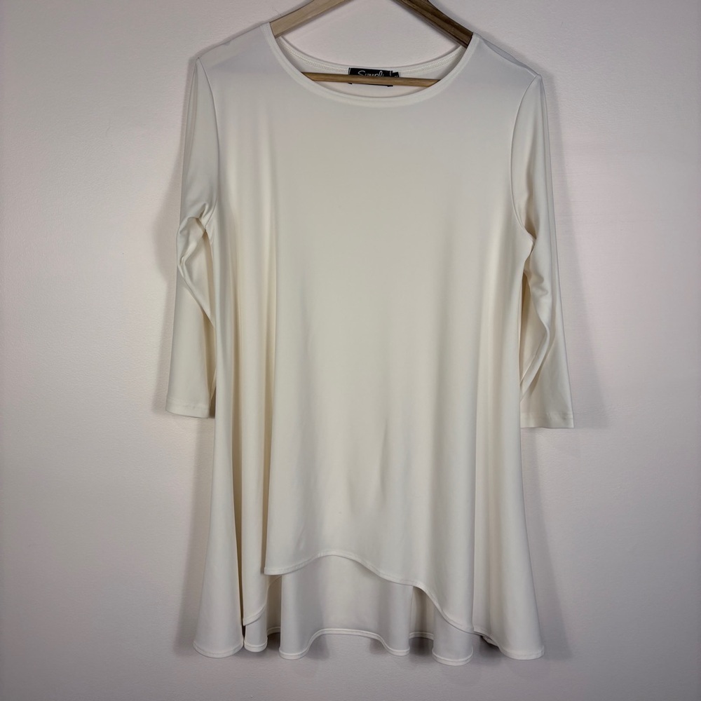 Sympli Cream White 3/4 Sleeve Tunic Top Lagenlook Stretch Travel Neutral